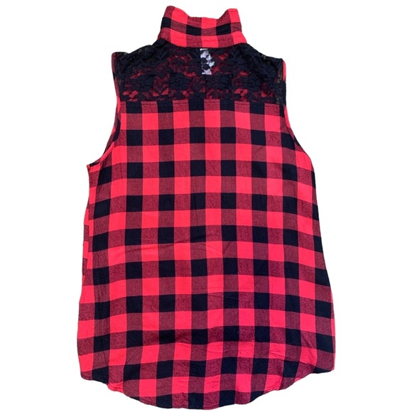 NO BOUNDARIES Buffalo Plaid Shirt With Lace Tie Front Red Ladies Sz Small/Girls - Picture 6 of 9